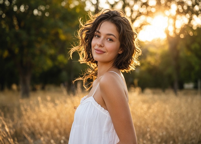 پرتره از روی شانه در پارک هنگام غروب