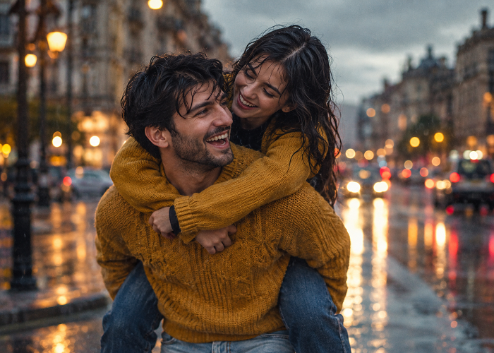 زوج جوان در یک خیابان شهری بارانی